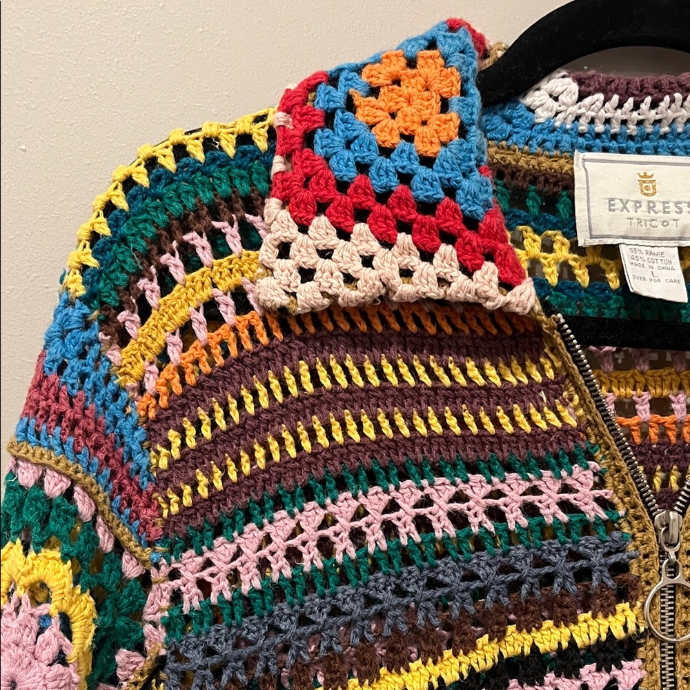 Vintage Express Multicolor Crochet Granny Square Sweater - Picture 3 of 8